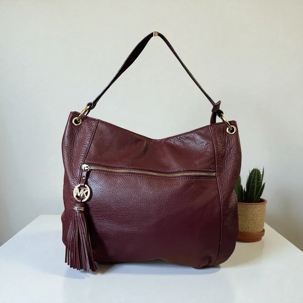 Michael Kors Burgundy Leather Charm Tassel Hobo Bag